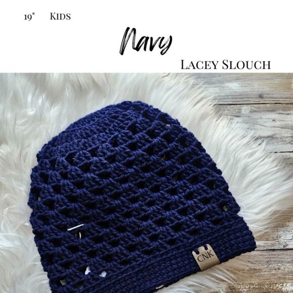 Kids Hat from Cotton N Kandi on Etsy- 19" Lacey Slouchy, Navy Blue - Picture 2 of 2